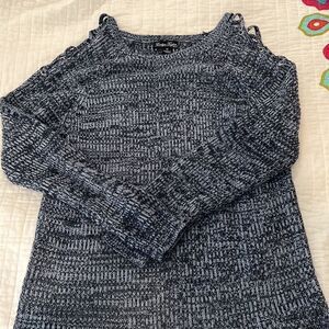 Evelyn Taylor blue gradient sweater with grommet and lace-up shoulder detail